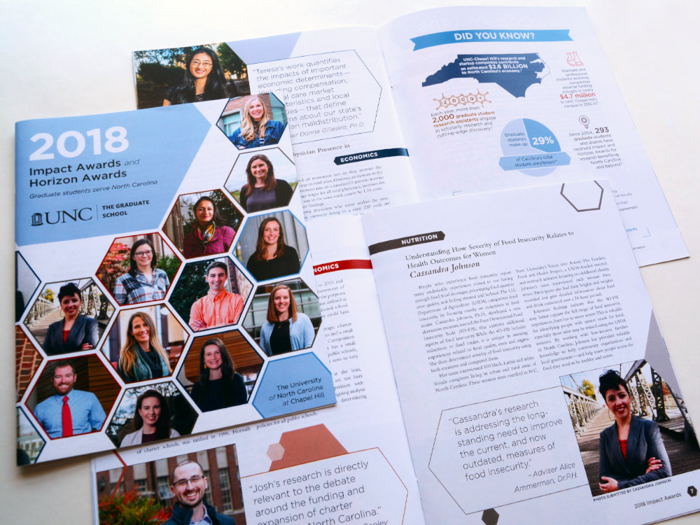 A cover and two interior spreads for the 2018 Impact Awards and Horizon Awards publication for The Graduate school at UNC show a honeycomb of hexagonal student photographs, larger photos and pull-quotes inside, and an infographic that uses a map, a pie chart, and various scientific icons.