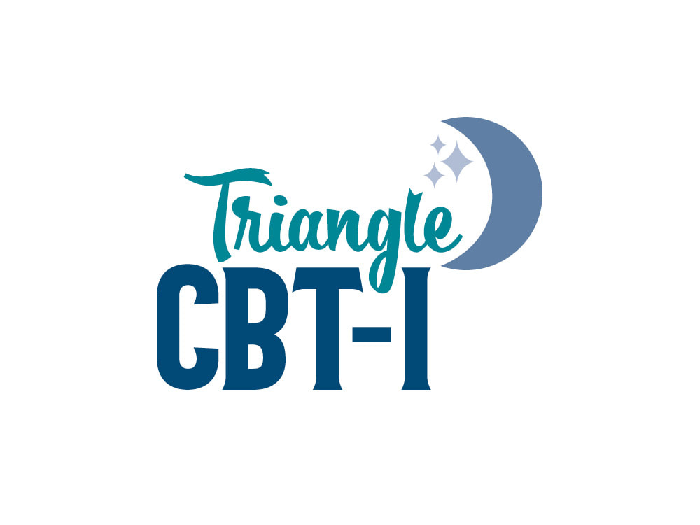 This logo shows the world “Triangle” in a dark teal script font, with “CBT-I” below in all caps navy letters with triangular serifs. A blue-gray crescent moon is to the upper right with three lighter blue stars represented by swoopy diamond shapes in a mid-century modern style.