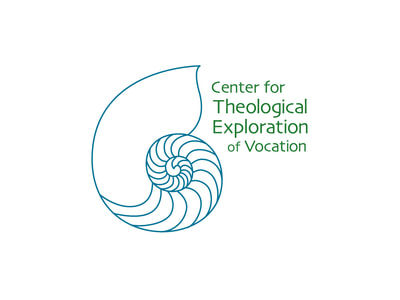 This logo has a blue-green line illustration of a nautilus shell on the left and a sans serif green text reading “The Center for Theological Exploration of Vocation” to the right.