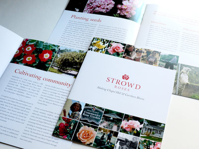 Photograph showing the cover and two interior spreads of Strowd Roses's community report. It features a red logo and headlines against a white background, with black body copy. Close-up photographs of roses feature prominently.