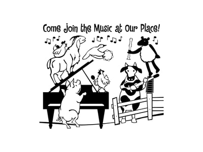 his black and white graphic illustration shows a group of farm animals playing instruments. The animals include a pig conducting at a grand piano, a goat and chicken standing on the piano and singing, another chicken playing a maraca, a cow playing the guitar, a flying duck playing the tambourine, and a sheep dancing on a fence and holding a recorder. Childlike text reads “Come join the music at our place!"