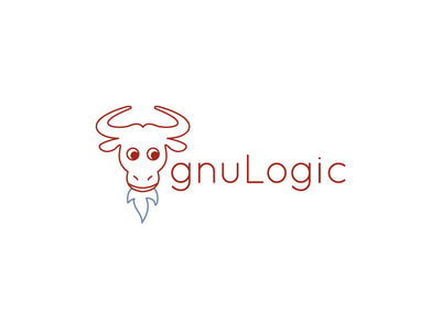 This logo shows a maroon line drawing a gnu looking down and to the right. The text to the right says “gnuLogic” maroon, but the gnu has a blue beard.