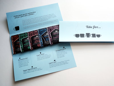 Photo of a tri-fold light blue mailer with black text and graphics, including silhouetted tea mugs. The unfolded mailer shows five different bags of tea.