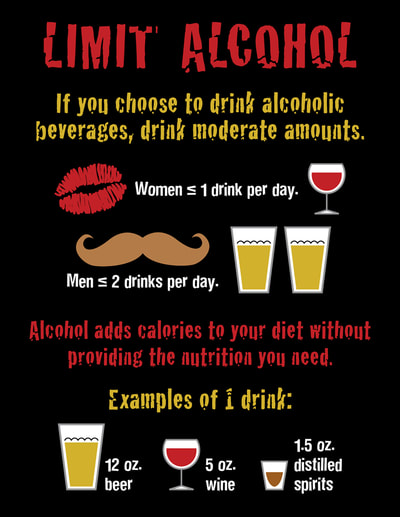 This black, red, gold, and white infographic encourages patents to moderate their alcohol intake. Graphics include beer, wine, and spirits in glasses as well as a lipstick kiss and brown mustache.