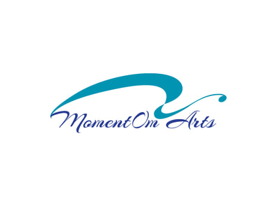 This blue and teal logo has “MomentOm Arts” in scrip with a swooshy swirl above.