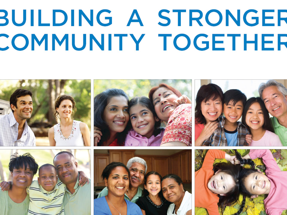 This photo shows the cropped cover of an annual report. The title, in blue all caps, reads ‘Buildeing a Stronger Community Together.’ Below the title is a grid of six horizontal photos of families of diverse ages, races, and genders.)