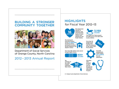 A blue and black infographic shows icons and numbers describing the people aided by the Orange County, North Carolina Department of Social Services. The cover of the brochure has blue and black text and a 2x3 grid of photographs showing a diverse group of people and families.