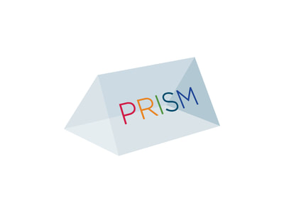 Logo that shows a transparent, blue-green prism with the words PRISM in a rainbow of colors, one for each letter, on the right-facing facet.