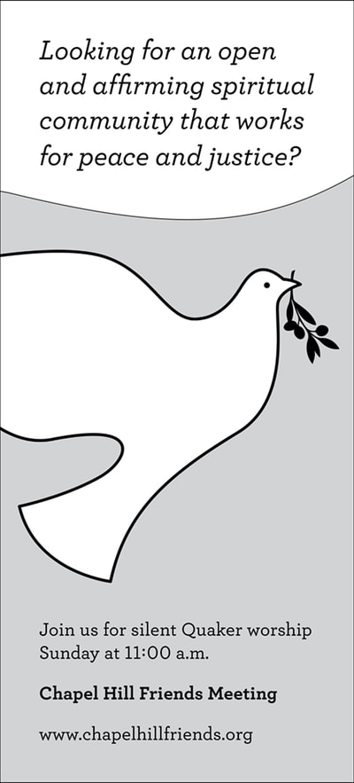 Vertical black and white newspaper ad showing a white dove, outlined in black and holding an olive branch, and including information about the Chapel Hill Friends Meeting.