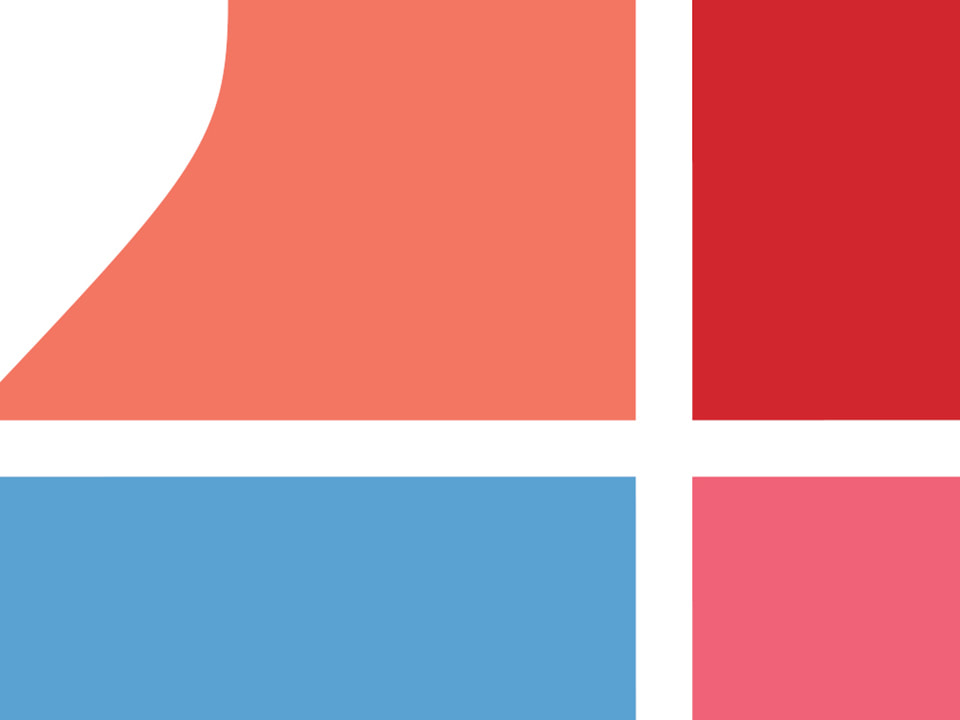 This rectangle is bisected by an off-center white vertical and horizontal bar that cross. The top left quadrant is peach, with a curve of white to the left. The top right quadrant is red, the bottom left is Carolina blue, and the lower right is pink.