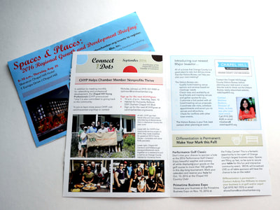 Photograph of the blue and red cover and the clean design of the interior of the Connect the Dots newsletter. Colors include Carolina blue, red, and green, and photographs are included in the interior spread.