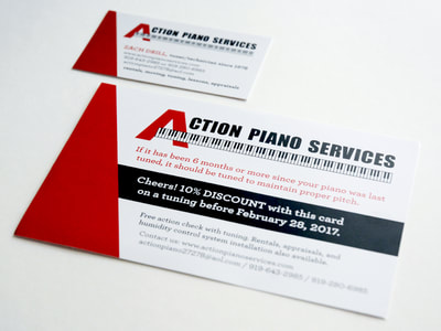 Photograph of a tuning mailer and business card, both with a black, white, and red logo with a big red "A" for Action Piano and a piano keyboard graphic below. A red triangle shape is at the left of both pieces.