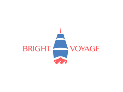 This logo shows an illustration of a front-facing sailing ship with three French blue sails and the rest of the ship in coral red. “Bright” is to the left of the ship and “Voyage” is to the right in an all-caps sans serif font.