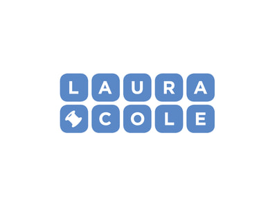 This periwinkle blue logo is made up of squares with rounded corners and reads "Laura Cole" with one white letter on each blue block, and with a white spool of thread on the lower left block.