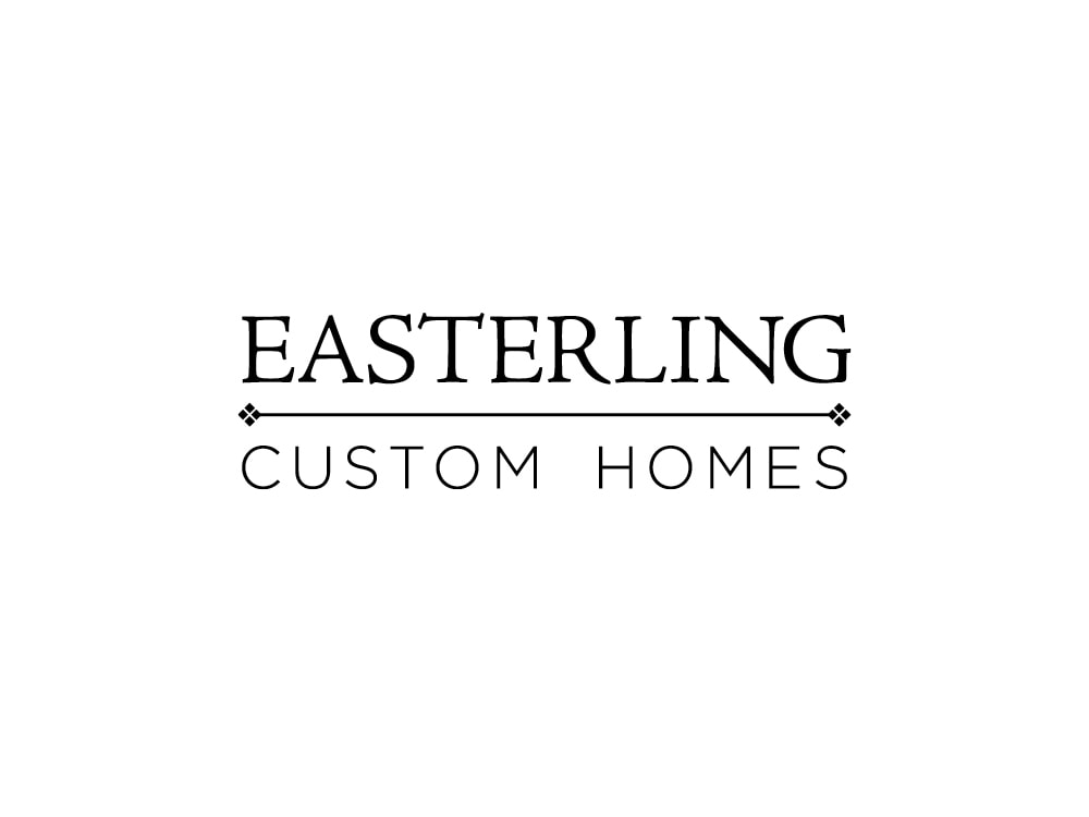 This black logo has “Easterling” in all caps in an elegant serif font above “Custom Homes” in a smaller, sans serif, all caps font. A thin, horizontal line with diamond decorations on each end divides the two lines of words.