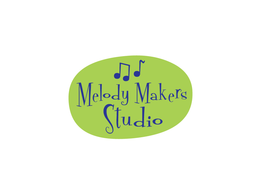 An irregular oval shape in lime green has cobalt blue music notes and “Melody Makers Studio” in a funky serif font.