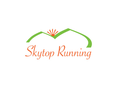 This logo shows a bright green double mountain line with an an orange sun rising between them and the words "Skytop Running" in orange below.