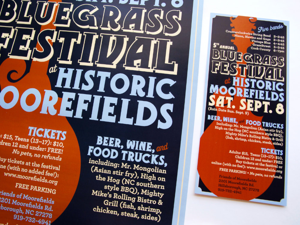 Close up of part of a poster and a full rack card advertising the 5th Annual Bluegrass Festival at Historic Moorefields for the Orange County Visitors Bureau. A dark orange mandolin is on a navy background with cream and light blue lettering in a vintage poster style.