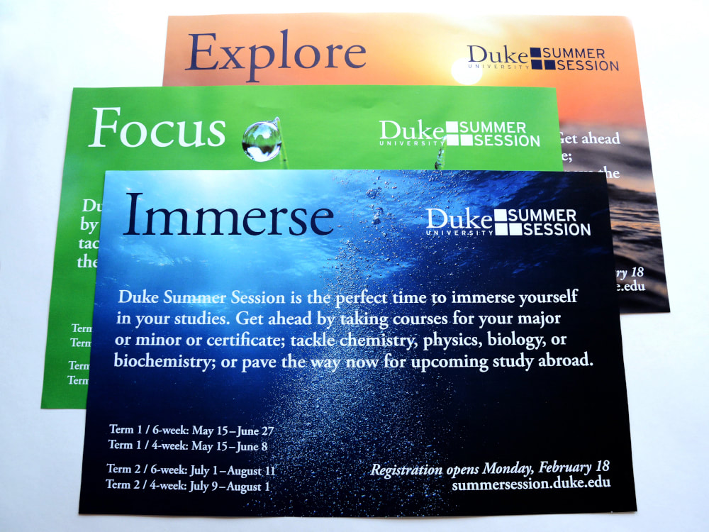 Three posters all use full-bleed nature photos for Duke Summer Session. The top poster has a dark blue underwater ocean photo for the word “Immerse.” The one below is green grass with a single water droplet in focus for the word “Focus.” The last poster shows the sunset over the open ocean for the word “Explore.”
