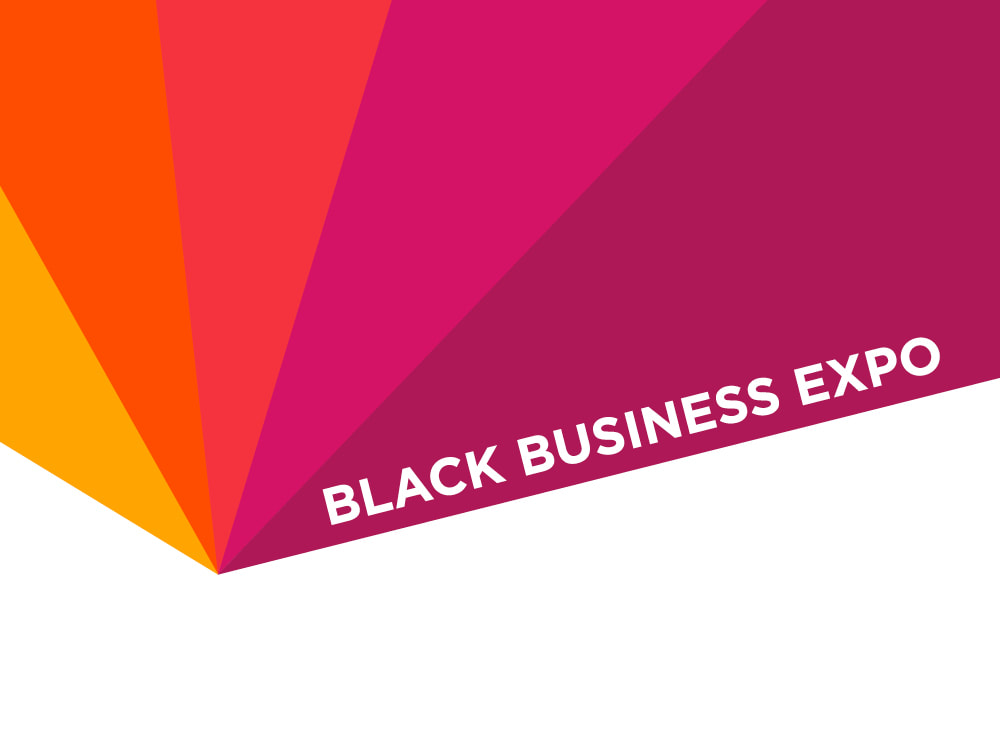 A graphic snippet for the 2018 Black Business Expo has five wedges of color coming to a point. From left to right, the colors are golden yellow, orange, carnelian red, magenta, and bright plum purple. The words “Black Business Expo” are in a white, all-caps, sans-serif font reversed out of the plum-colored wedge