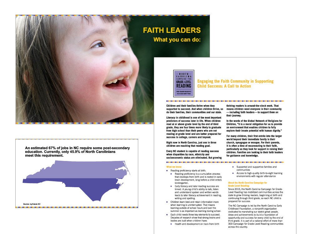 At the upper left is a PowerPoint slide with a top and bottom border with rows of orange, yellow, light aqua, light purple, and dark purple squares. The slide shows a photograph of a young white girl with Down syndrome smiling against a blurred background of green grass. Yellow text on the background reads, “Faith Leaders: What you can do.” Below is another slide with the same decorative boarders. It shows an outline of the state of North Carolina that is divided in half horizontally, light purple on the top and dark purple on the bottom. Above is a text showing the relevant statistic. To the right is a white paper with the light purple, black, and white logo for the North Carolina Center for Grade Level Reading, intro text, and body copy text with headlines and bullet points.