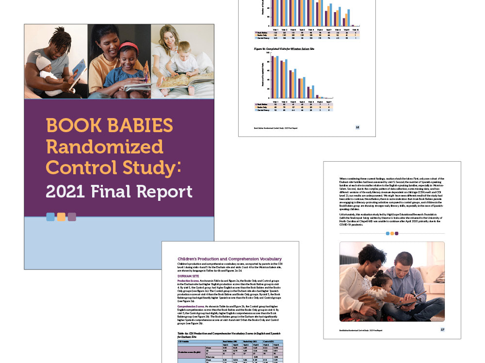 At the upper left is a close-up of the Book Babies final report cover. Three photos of parents and babies of various races run across the top. The center reads, “BOOK BABIES Randomized Control Study: 2021 Final Report. To the right are three interior pages, which showcase bar graphs, tables, and text with photos.