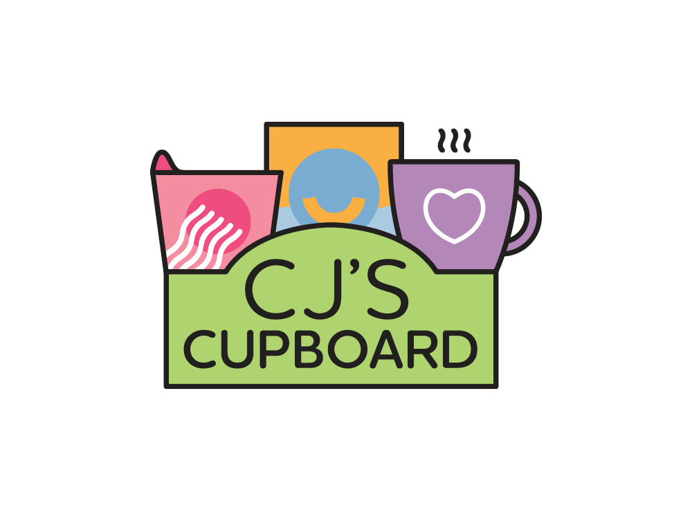 This logo has “CJ’s Cupboard” with CJ’s larger and above Cupboard. The font is a rounded, sans serif font and is in black against a lime green banner with a round top. Above the banner is a stylized pink cup of ramen with a darker pink circle and wiggly noodles, a box of macaroni and cheese in light blue and orange, and a light blue mug with a white heart on it.